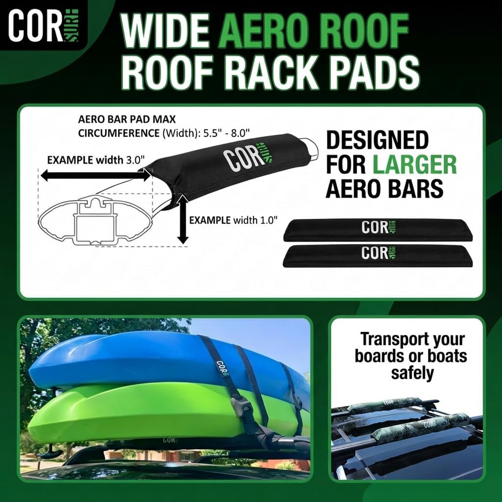 COR Surf Aero Car Roof Rack Pads for Surfboard, Kayak, SUP, Snowboard, Surfboard, Paddleboard and Canoe for Large and Flat Style Aero Bars