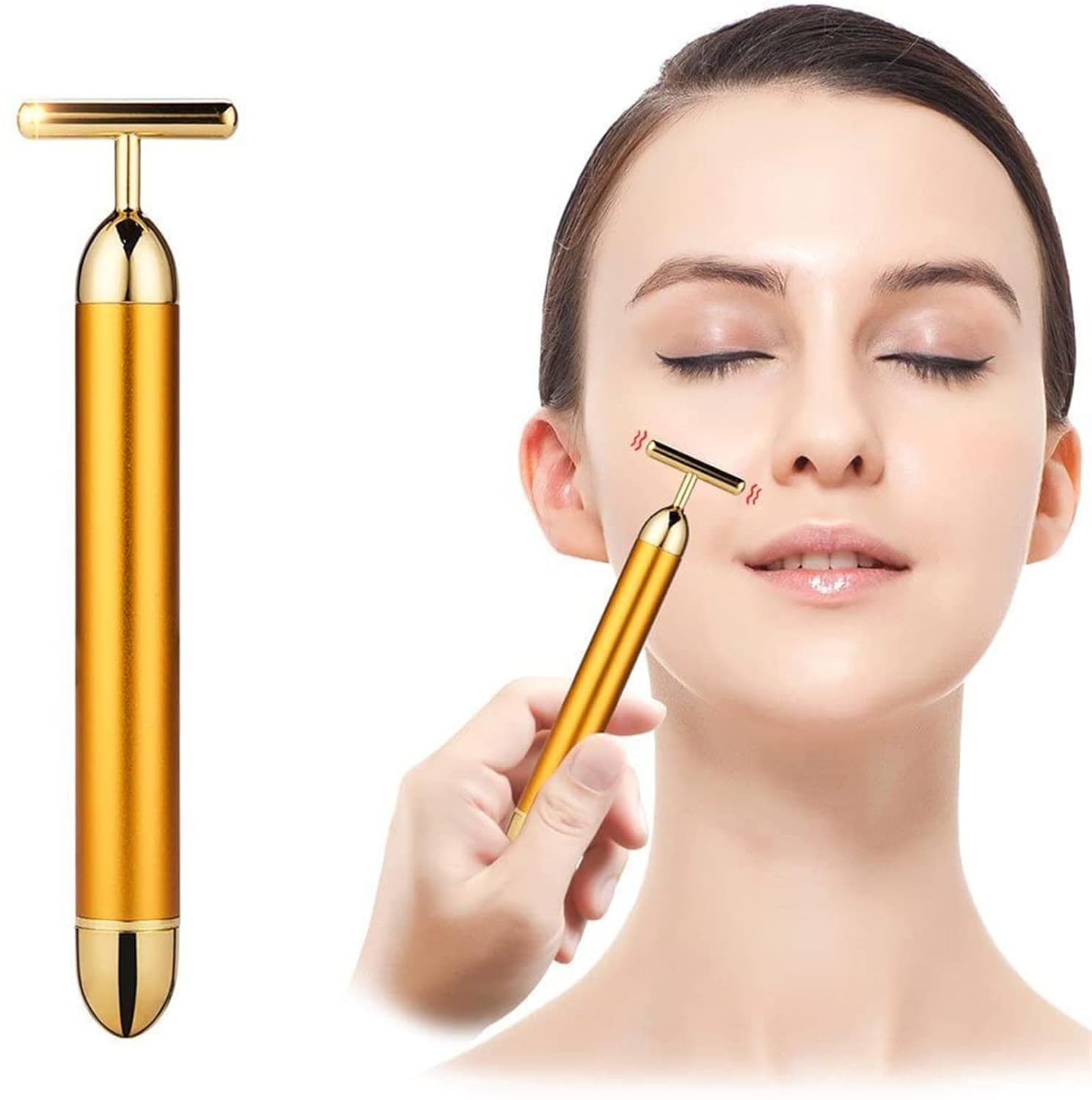 Beauty Bar 24k Golden Pulse Facial Massager, T Shape Electric Face Massager Forehead Cheek Neck Arm Eye Nose Massager Skin Care Tools