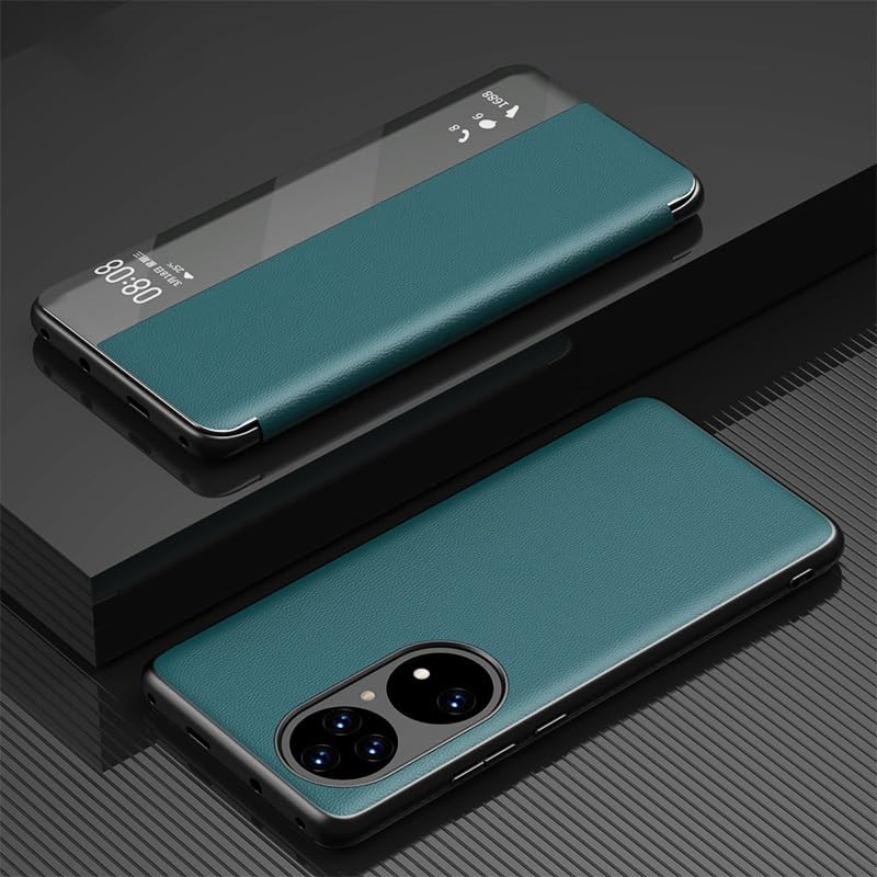 Armadura ultradelgada para teléfono plegable Compatible con Huawei P50 Pro Case View Clear Smart Window, Luxury Flip Slim Mirror Hard PC Leather Funda protectora a prueba de golpes For Phone(Cyan)