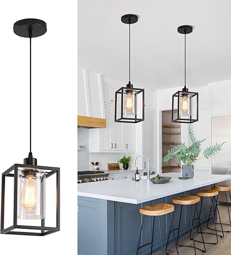 Luces colgantes negras para isla de cocina, farol industrial con pantalla de vidrio transparente, iluminación colgante de altura ajustable para