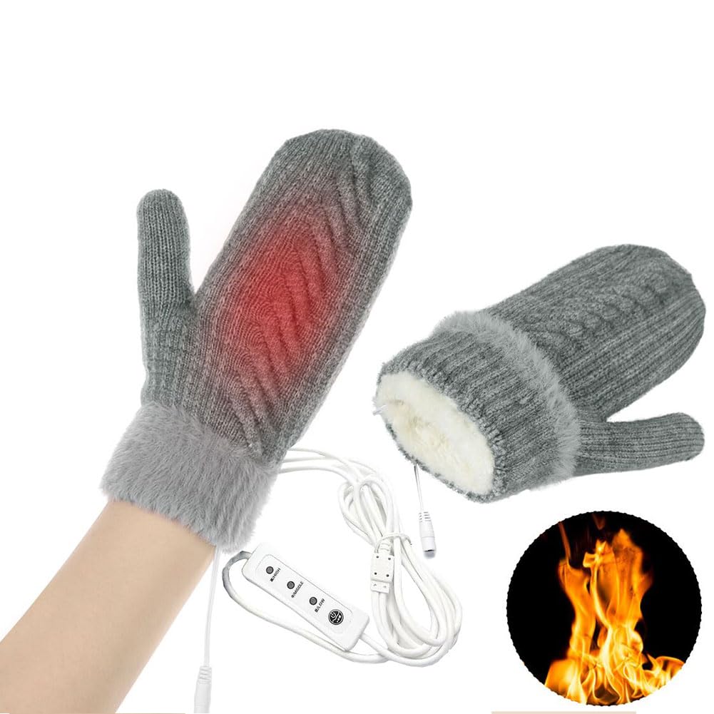 USB Heated Gloves Winter Electric Knitting Heating Warming Gloves Thicken Plush Knitted Heating Hands Warmer Gloves Full Finger Hand Warming Gloves 3 Gears Adjustable Knitting Heated Mittens