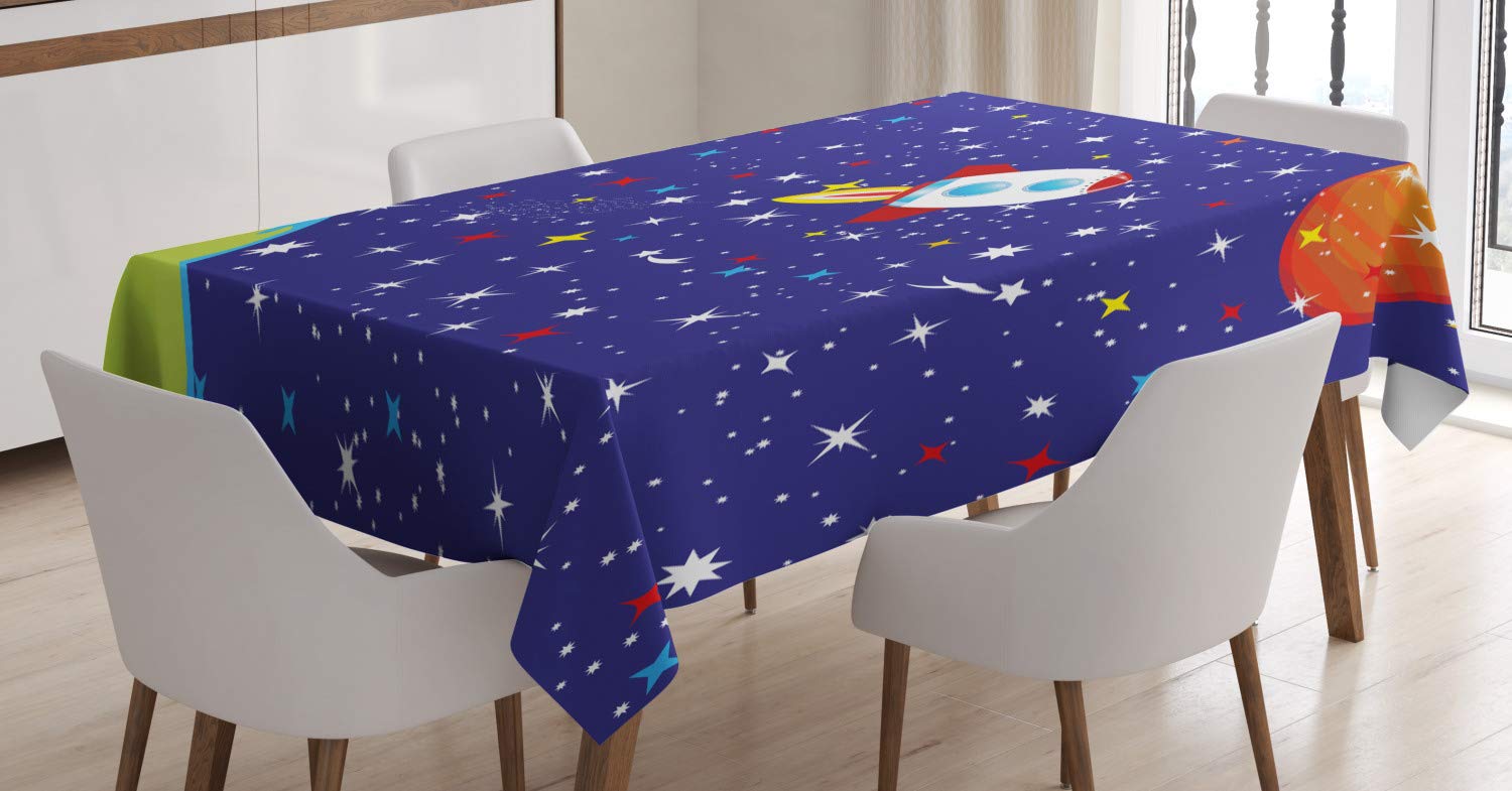 ABAKUHAUS Spazio Tovaglia, Pianeti Rocket Starry, Rettangolare per Sala da Pranzo e Cucina, 140 cm x 200 cm, Indigo Multicolor