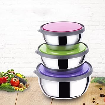 KRESHU High Grade Stainless Steel Stackable Mixing Bowls with Airtight Food Bowl Lids Non-Slip Food Storage Container (Multicolour)