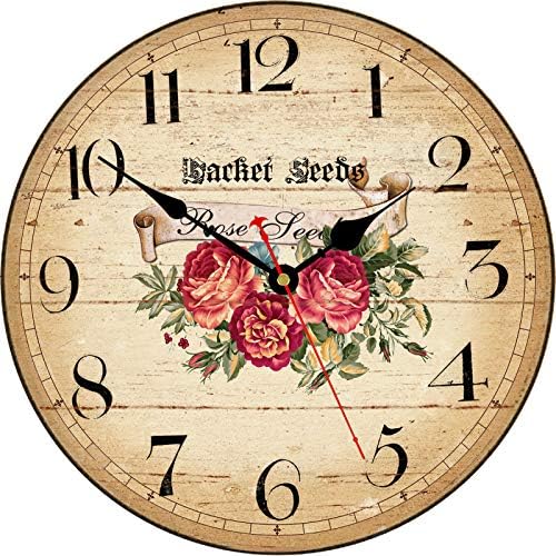Toudorp Floral Wall Clock Accurate Quartz Movement Silent Non-Ticking Round Clocks 14 Inch Battery Operated Arabic Numerals Wooden Clock Vintage Roses Pattern Wall Clock