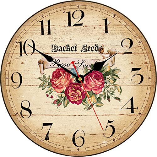 Toudorp Floral Wall Clock Accurate Quartz Movement Silent Non-Ticking Round Clocks 14 Inch Battery Operated Arabic Numerals Wooden Clock Vintage Roses Pattern Wall Clock #TOP2