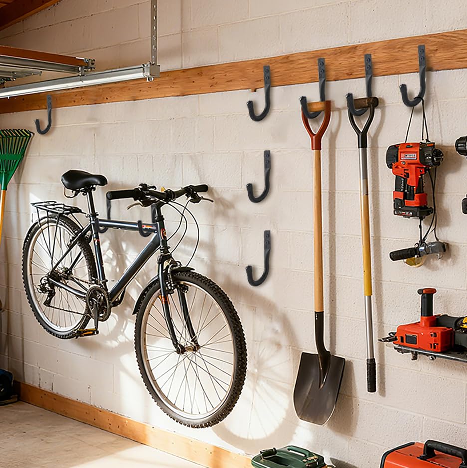 6 Pcs Gancho Pared de Garaje Resistentes, Gancho Bicicleta Ganchos para Colgadores de Pared Negro, Soporte Ganchos en J para Herramientas de Jardín Eléctricas