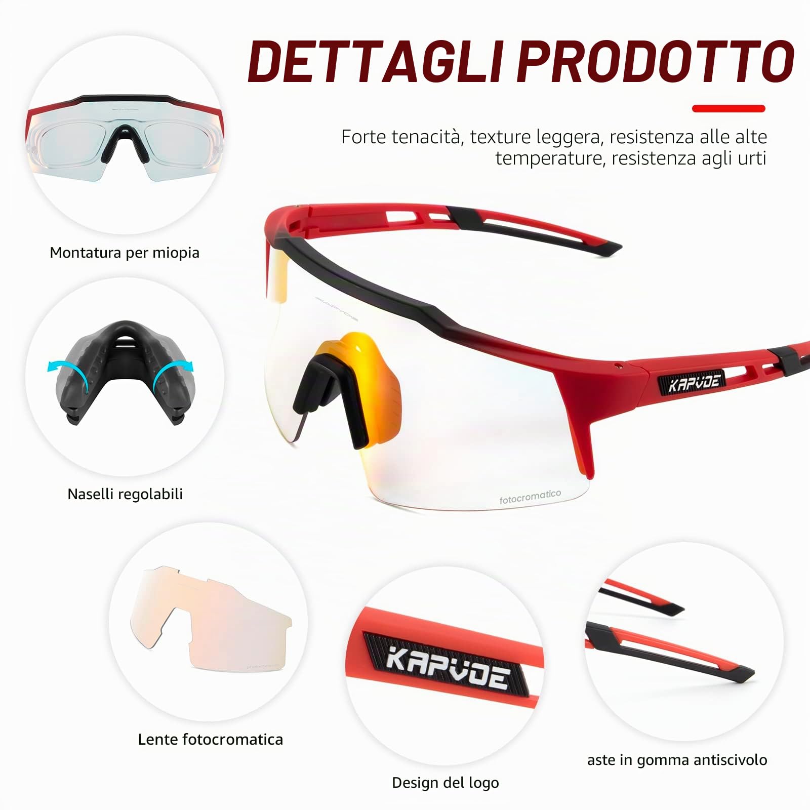 KAPVOE Occhiali da ciclismo fotocromatici UV400 uomo donna TR90 K9023 | Occhiali da ciclismo fotocromatici, UV400 Protezione, Struttura TR90 e supporto interno integrato