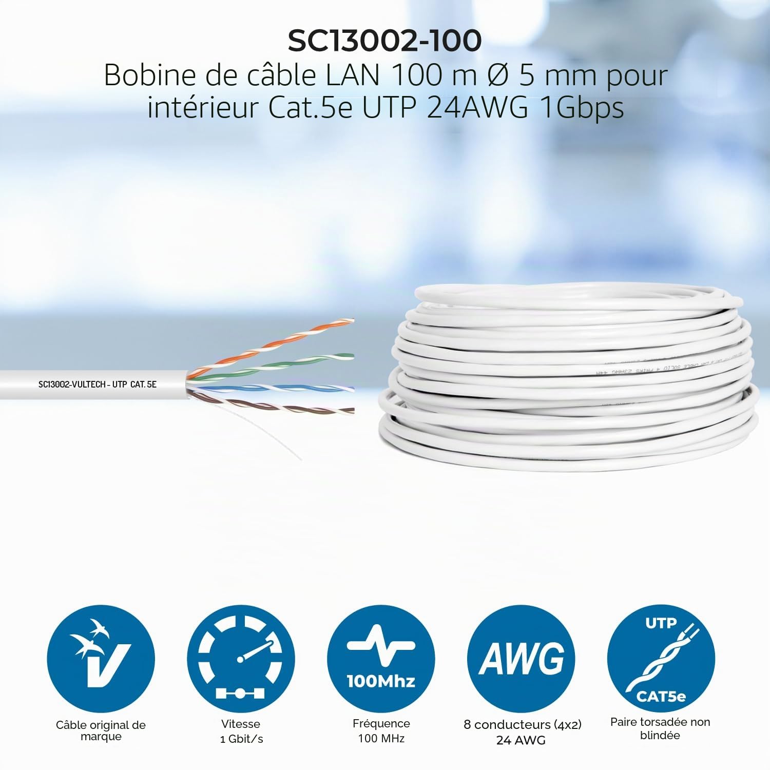 Vultech SC13002-100 Écheveaux Lan Catégorie 5e UTP 100 mètres 24AWG Bobine réseau Ethernet 100m Cat5e