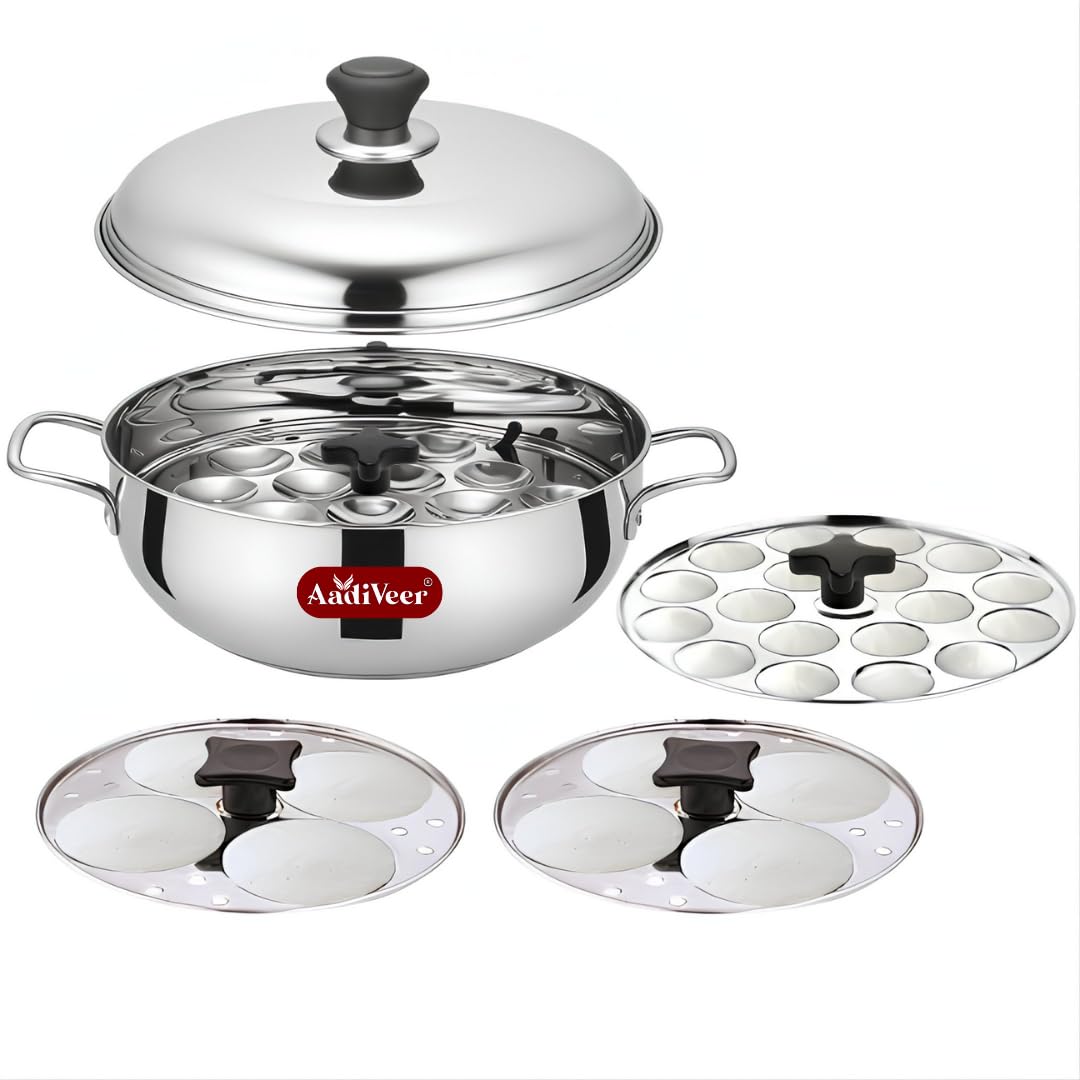 AadIveer Pewmium Stainless Steel Idli Maker | Idli Pot | Small Idli Cooker with 2 Idli Plates (8 Idlis) & 2 Mini Idli Plate (36 Idlis) | Hybrid Idli Kadai With Sturdy Handles