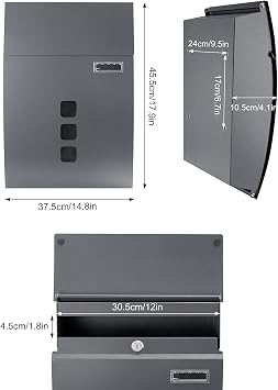 Trintion Letter Box with Viewing Windows, Post Box Wall Mounted Lockable, Weatherproof Post Box with 4 Keys Sleek Curvy Modern Letterbox for Keep Your Mail Safe (Charcoal Grey)
