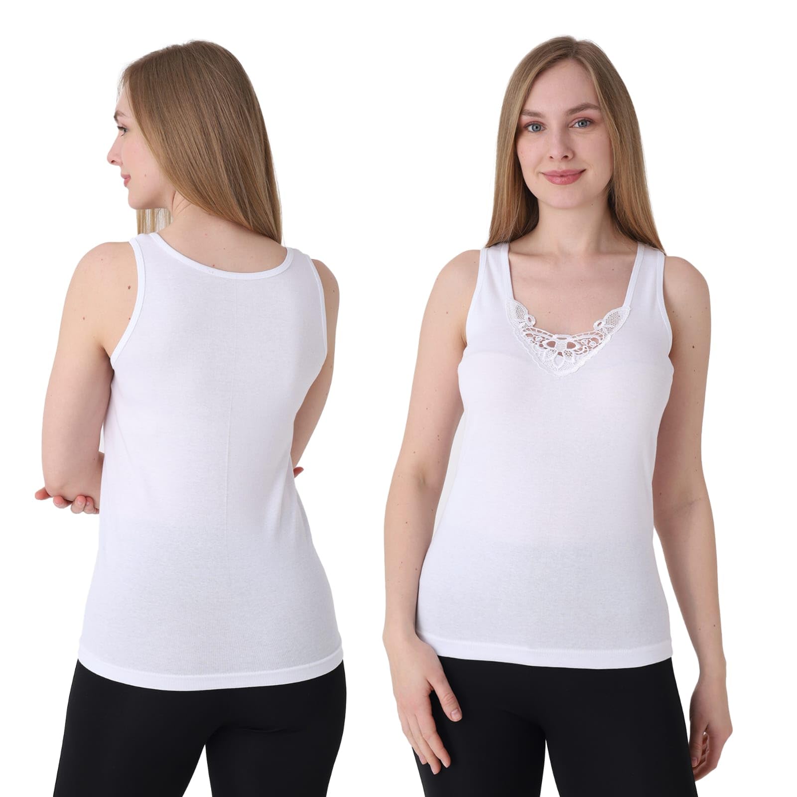 UNDERA, canottiera intima da donna, confezione da 3, 100% cotone con pizzo, morbida e traspirante, con scollo femminile, per tutti i giorni, il tempo libero e la casa