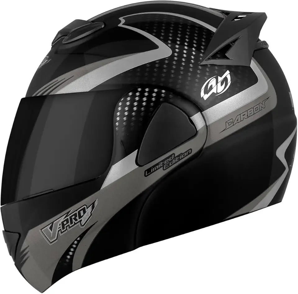 Capacete Articulado V-Pro Jet 2 Carbon Fundo Preto 60 Viseira Fumê Preto/Cinza