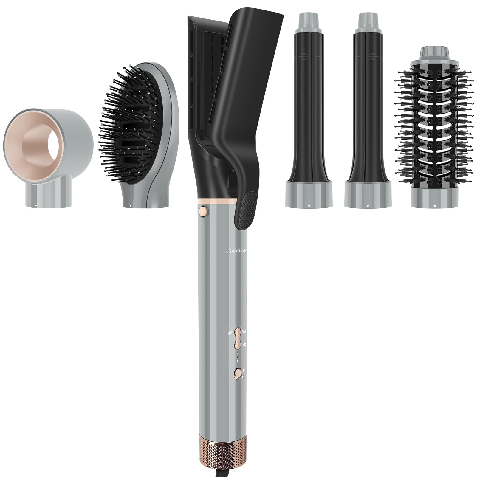 6-in-1 Hair Dryer Brush, 110,000 RPM High Speed Hair Dryer with Air Straightener, 28mm AUTO Curlers, IG INGLAM MegaAIR 2.0 Multi-Styler Set Volumizing and Shape, Gray