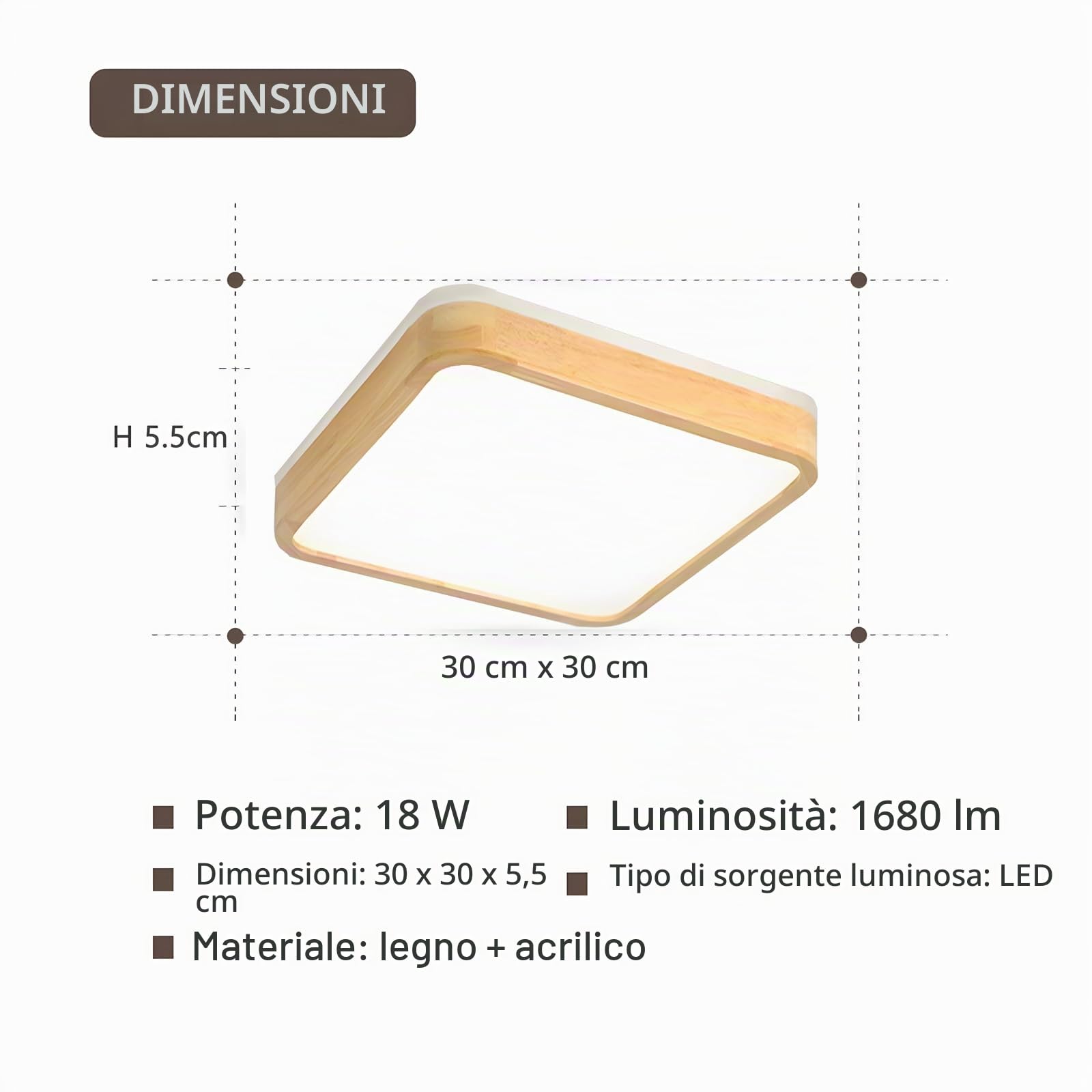 Plafoniera LED In Legno | Ø30cm 3000K 1620Lm 18W | Lampada Soffitto Quadrata In Legno Naturale Con Luce 360°, Camera Letto Soggiorno Cameretta Dei Bambini Cucina Sala Pranzo (Bianco Caldo)