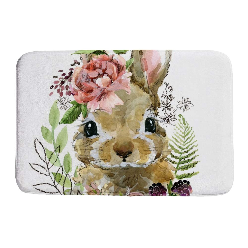 Tapis de bain antidérapant douceur velours motif lapin aquarelle forêt