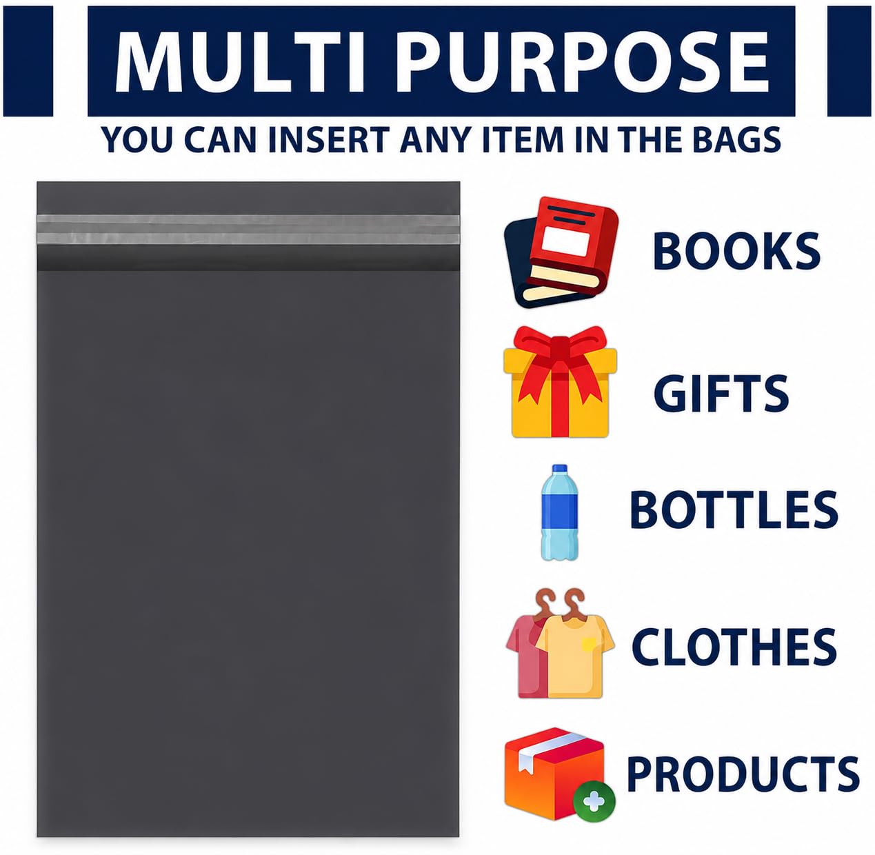 SAYBIO Lot de 100 sacs à colis gris de tailles mixtes, 4 tailles, 25 de chaque, pour vêtements, envoi, emballage et expédition petits, moyens à grands – Sacs postaux flexibles indéchirables avec