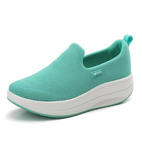 AUUGK Women's Orthopedic Slip-On Walking Shoes – Mesh Platform Sneakers with Rocker Bottom, Non-Slip Lightweight Loafers for Nurses & Standing Work Mint Green/White 6.5