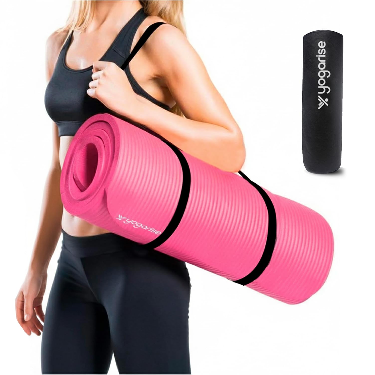 Yogarise 13mm NBR Yoga Mat with Carry Bag & Strap for Men and Women, Non-Slip Texture, Extra Wide & Thick NBR Exercise Mat For Home Workout, Pilates, Gym & Fitness, Durable, Sweat-Resistant (Pink)