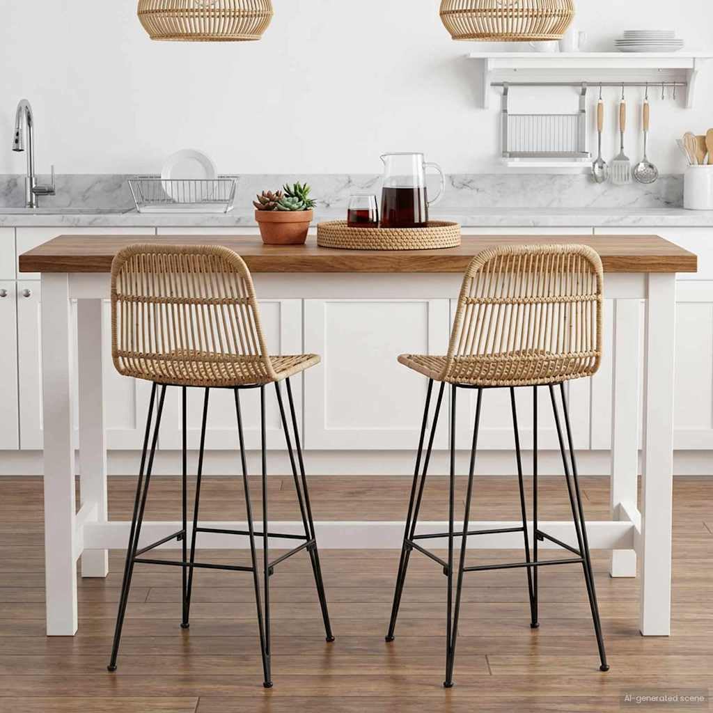 Taburete de bar 2pcs Natural 44 * 55 x 109 cm Rattan y Acero
