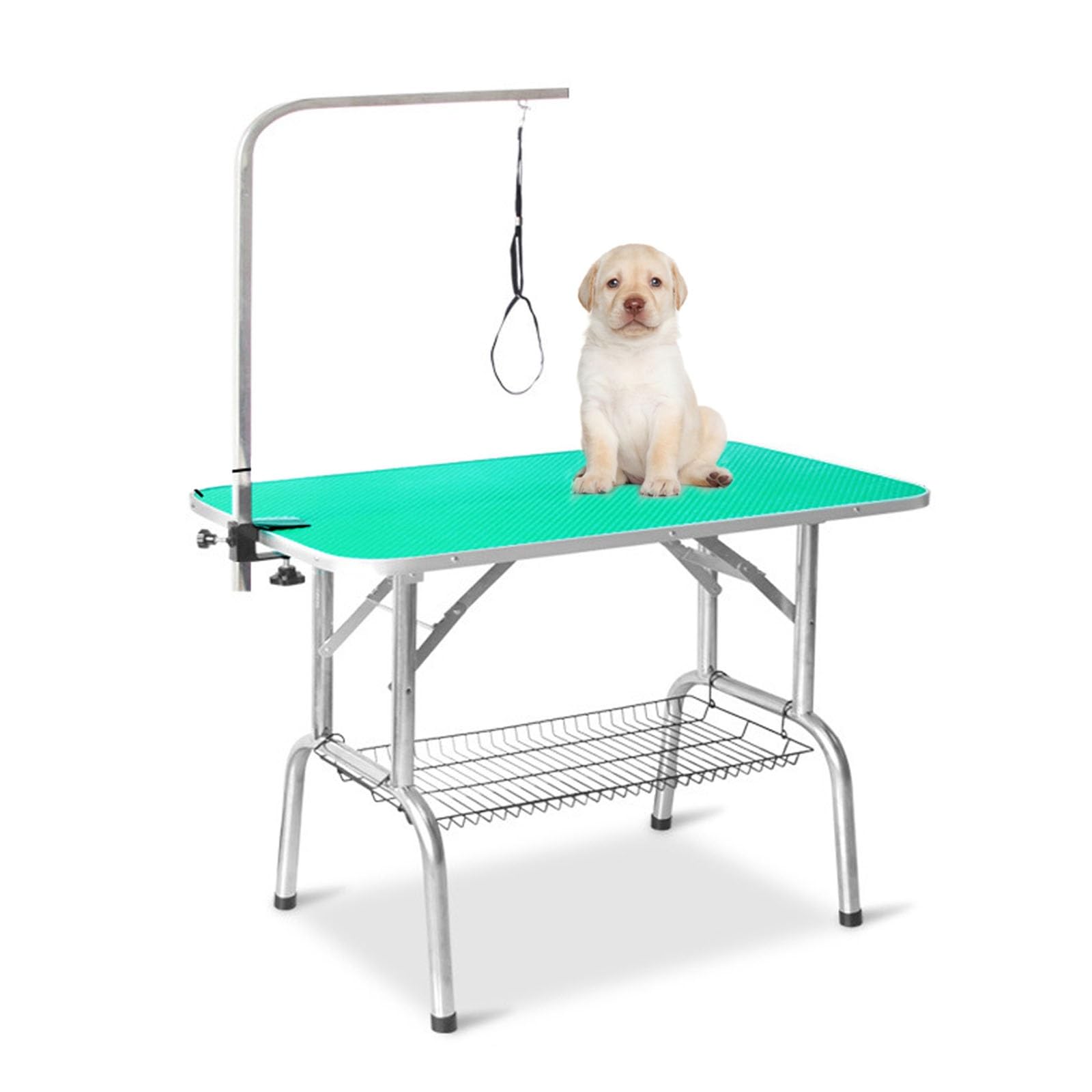 Tavolo da Toelettatura e Tosatura Pieghevole, Superficie Antiscivolo, Cestino Portaoggetti Incluso, Adatto per la Toelettatura, Il Bagno e L'asciugatura di Cani e Gatti(Verde,80x50x78cm)