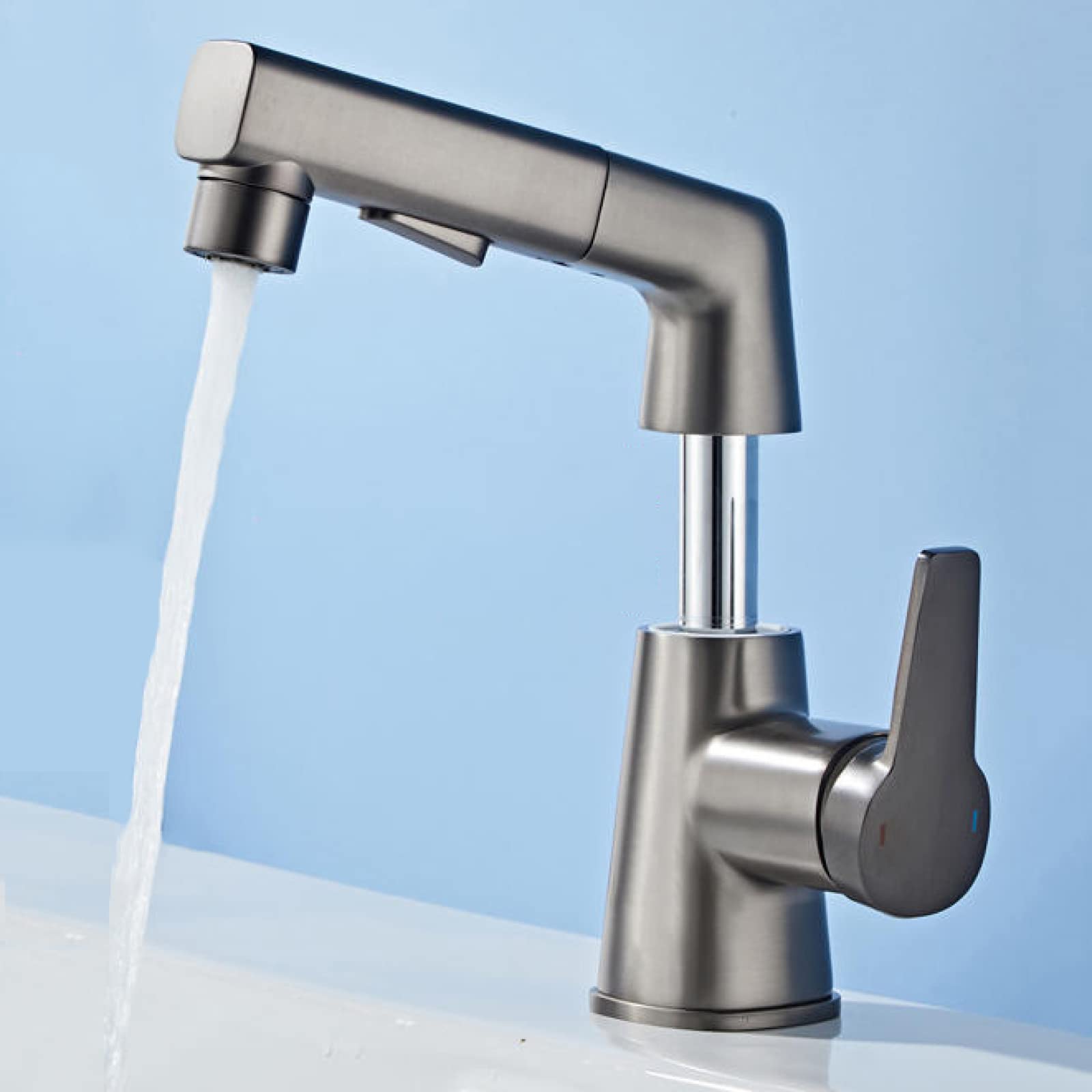 Robinet de lavabo monotrou eau chaude froide gris pistolet à jet extractible 360