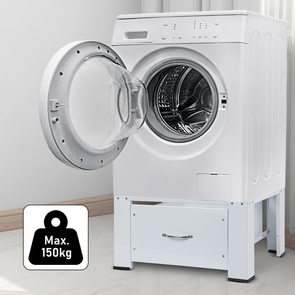 Base per lavatrice con cassetto, max. 150 kg, base per lavatrice in acciaio, con cuscinetti antiscivolo, telaio per asciugatrice, frigorifero, bianco, 64 x 54,5 x 32 cm (LXBXH)