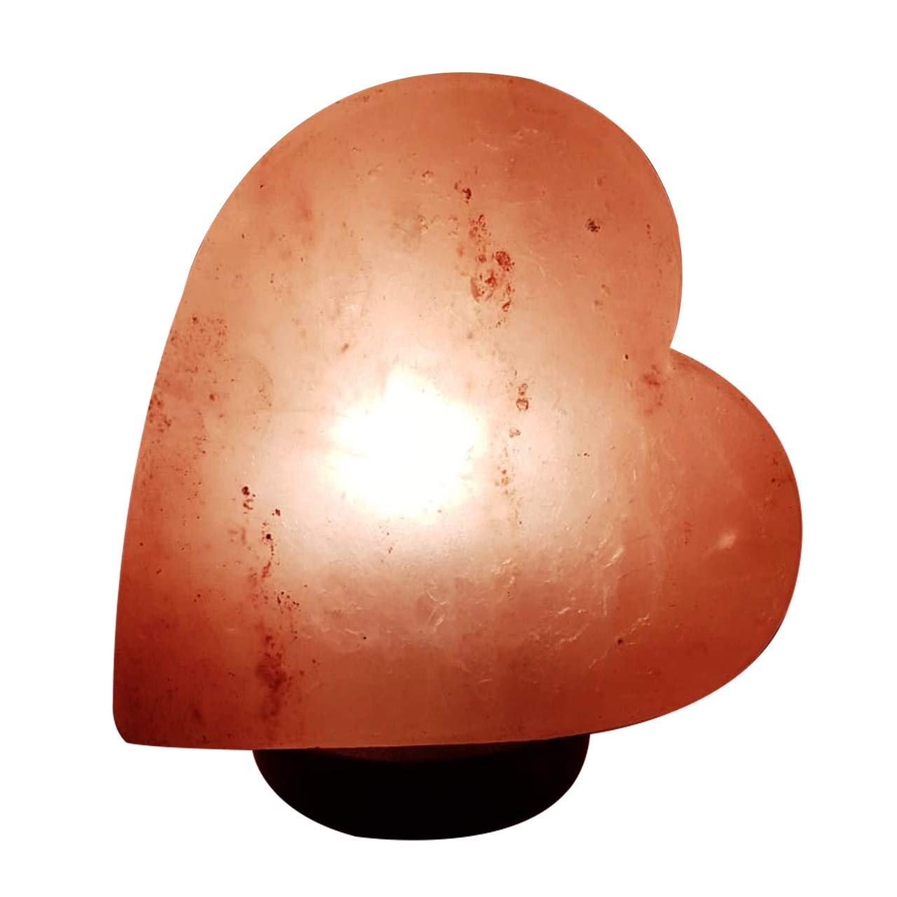 Heart Stone Shape Natural Handcrafted Crystal Himalayan Rock Salt Lamp Design set on a wooden base. Home Air Purifier Therapeutic Anxiety Stress Levels Warm Calm Ambient Glow