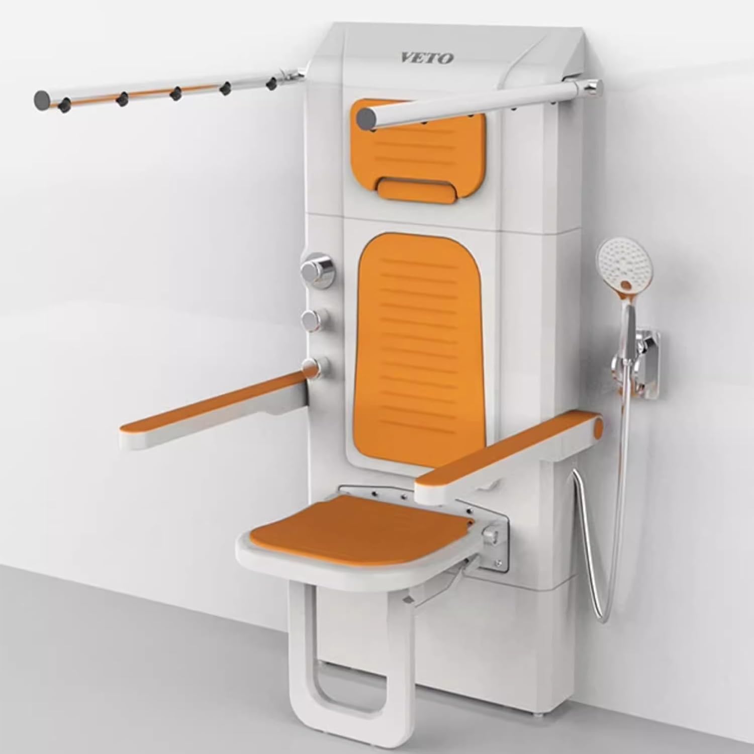 Sedia da Doccia Pieghevole con Corrimano, Sedile da Bagno A Parete con Soffione, Sedile da Bagno Multifunzionale A Parete, Sedia da Doccia per Anziani