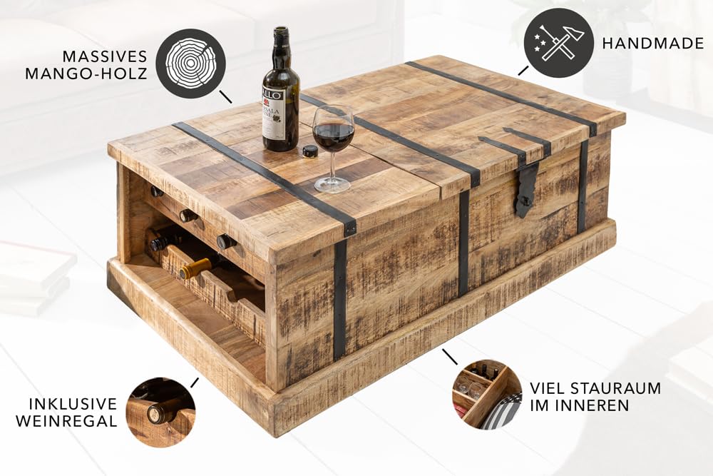 invicta INTERIOR Massivholz Couchtisch Bodega 100cm Mangoholz Hausbar Truhe Tisch Wohnzimmertisch