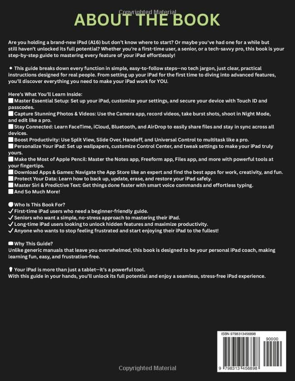 Back cover of the iPad 11th Generation (A16) User Guide book, showing a summary of the book's content.
