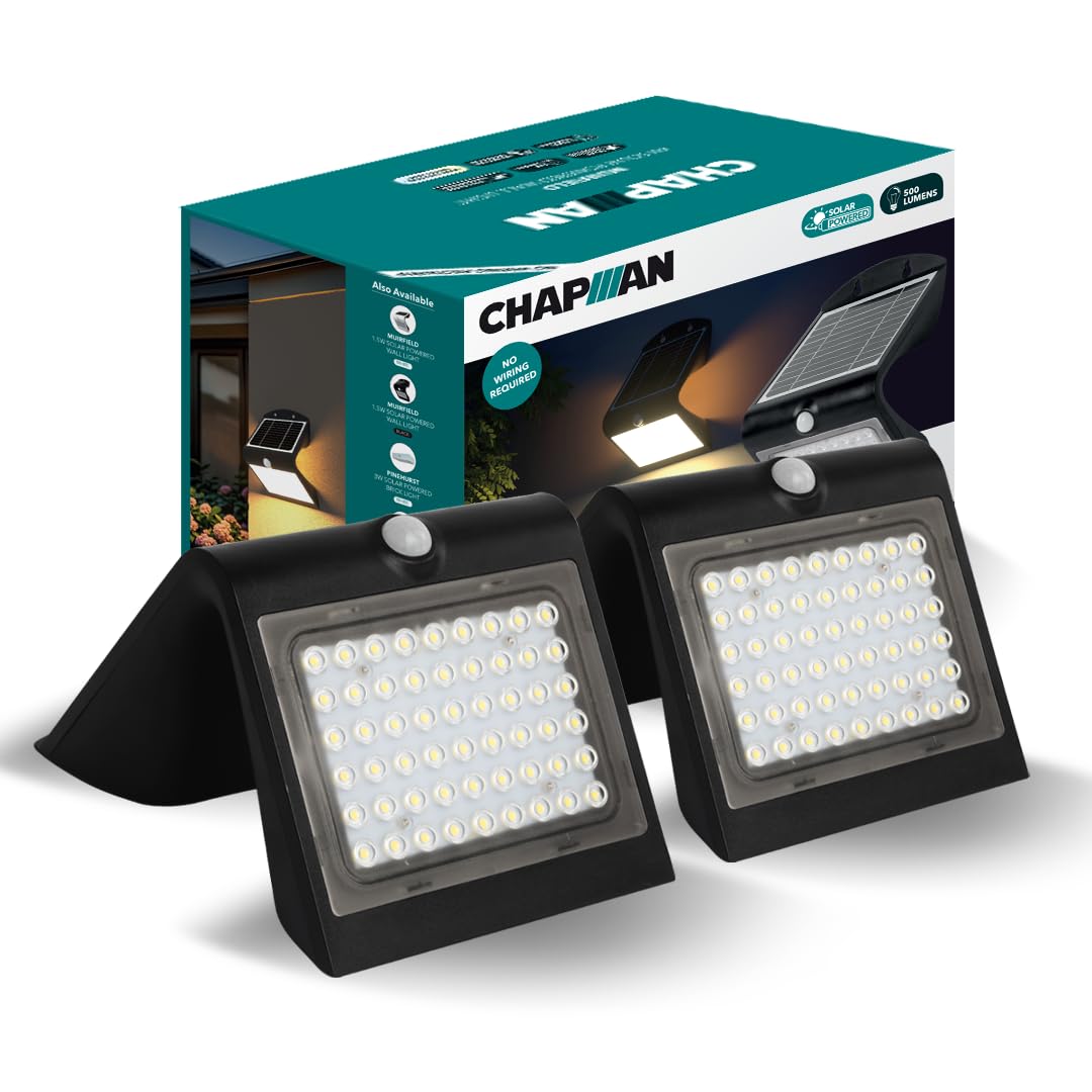 Chapman Muirfield 4W PIR LED Solar Security Light Outdoor, IP65 Waterproof Garden Wall Lights with Motion Sensor, 4000K Neutral White Solar Lights for Garden, Outside Lights & Security (2 Pack-Black)