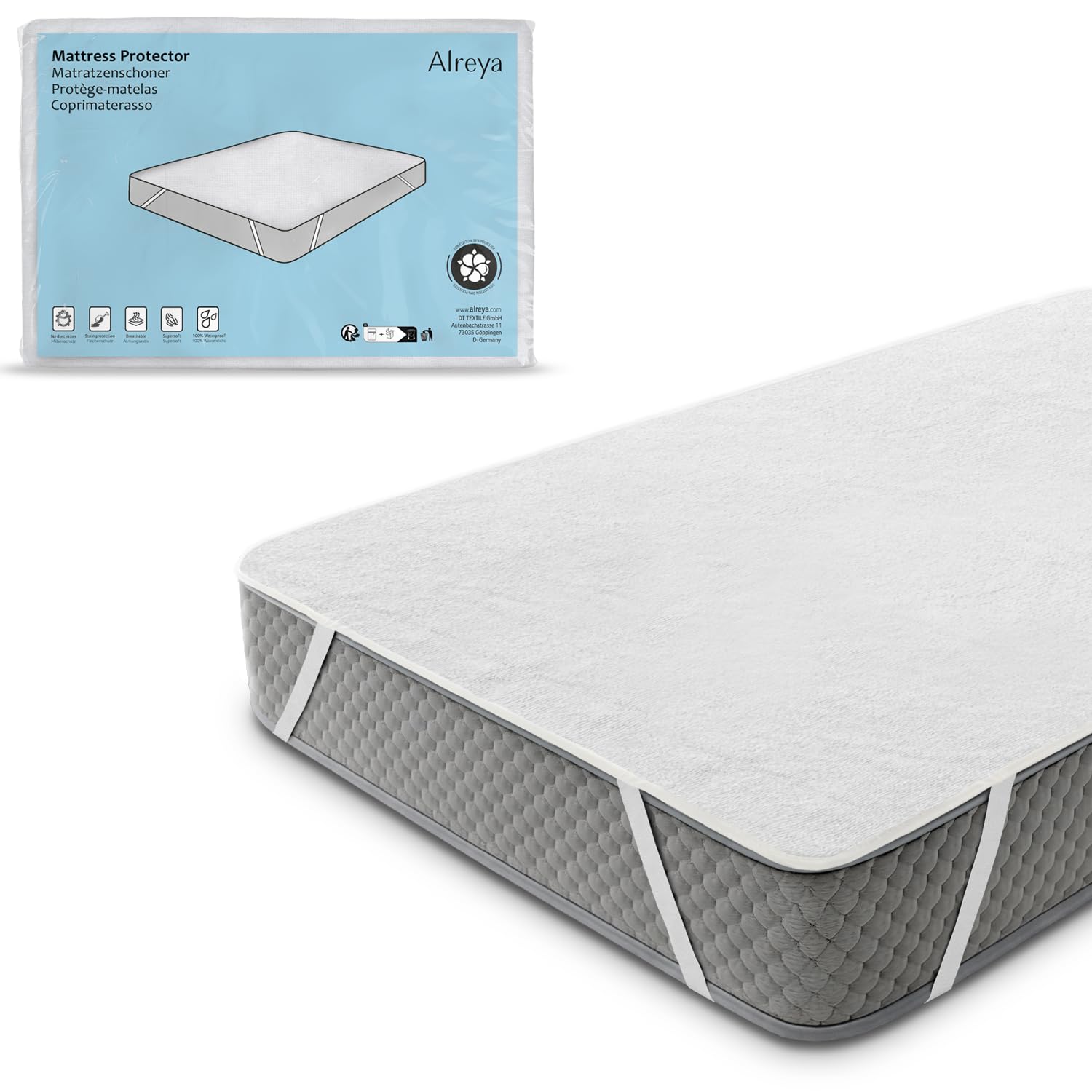 Alreya Matratzenschoner 140x190 cm - Atmungsaktiv, Oeko-TEX, Baumwolle, mit 4 Eckgummis, 90° Waschbar - wasserdichte Matratzenauflage 140 x 190 cm