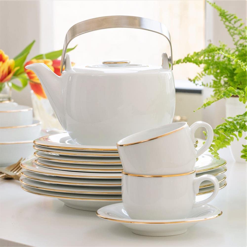 VILLA ITALIA Serwis kawowy na 12 osób porcelanowy Zestaw filiżanek Filiżanki, Talerzyki deserowe, Dzbanek, Cukiernica do kawy lub herbaty PLUS GOLD NZ159