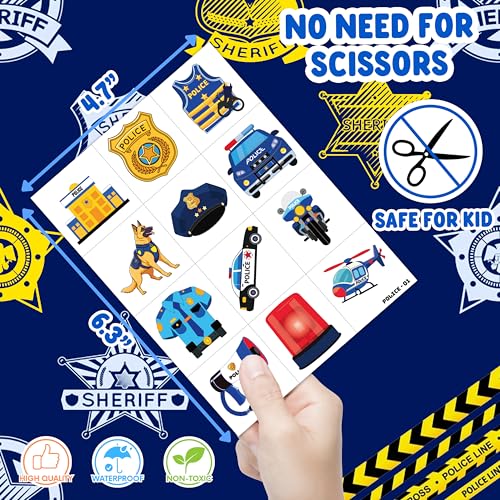 Image of 96 PCS Police Pre-Cut Temporary Tattoos for Kids Birthday Party Favors | Police Car Officer Policeman Theme Party Supplies, Decorations, Fake Tattoo Stickers, School Rewards & Gifts Boys & Girls