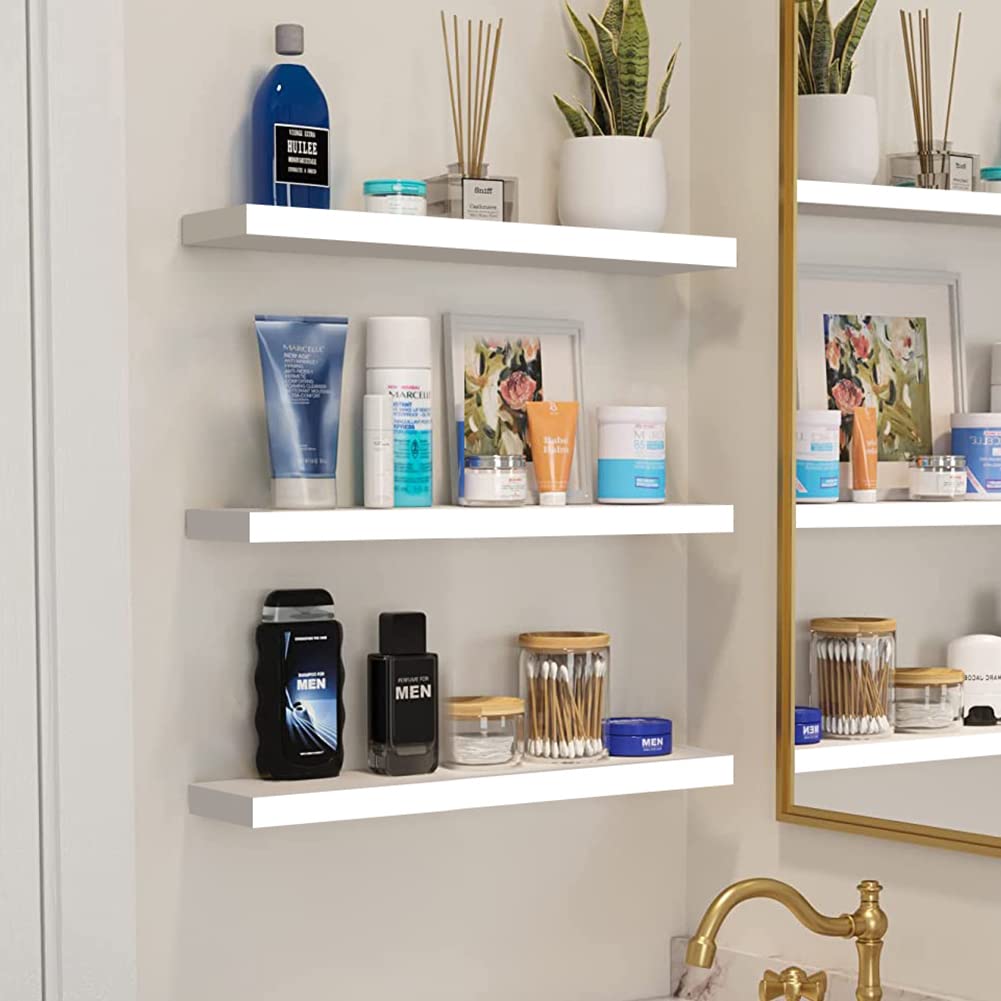 YARUKIMA White Floating Shelves Wall Mounted,Wood Wall Hanging Shelves,Wall Ledge Storage Shelf,Home Display Shelves with Invisible Brackets for Bedroom, Bathroom, Living Room,Kitchen,3 Pack.