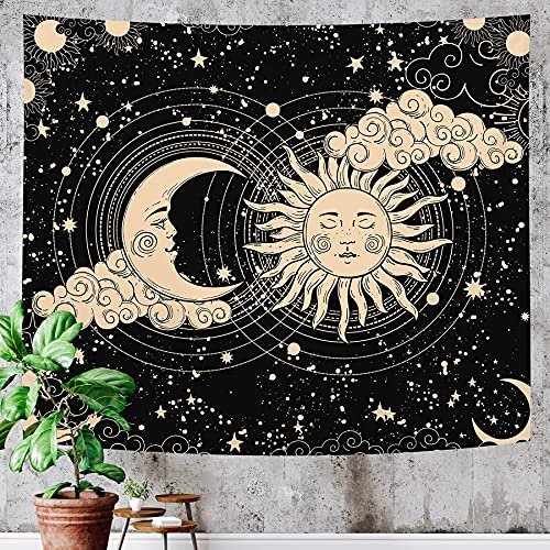 Image of HASTHIP Polyester Sun and Moon Tapestry - Aesthetic Black Dark Spiritual Wall Art for Bedroom, Living Room Decor (51 inchX59 inch)