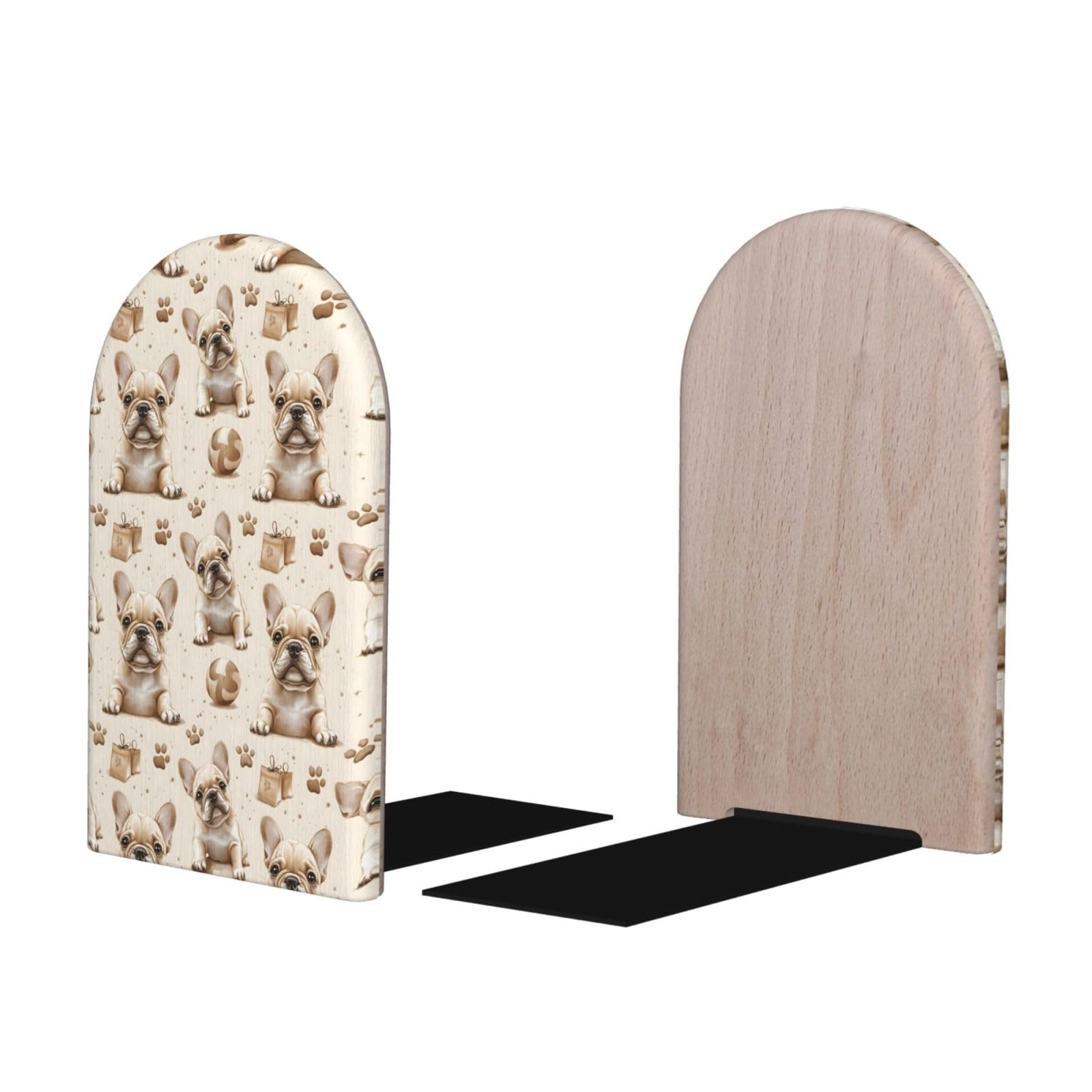Brown Cute French Bulldog A Print BookEnds 1 Pair, Decorative Bookends for Heavy Books, Wood Book Ends for Shelves, Book Organizer for Home Desk Office Supplies