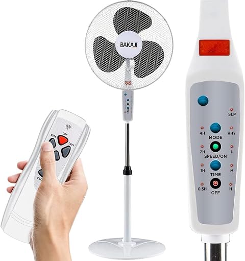 BAKAJI Ventilatore a Piantana con Telecomando, Potenza 50W 3 Velocità, Pale da 40 cm, Altezza ed Inclinazione Regolabile Fino a 130 cm, Funzione Timer, Base Rotonda, Oscillazione Orizzontale (Bianco)