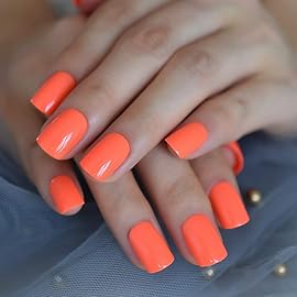 EchiQ Neon Fake Nails Short for Daily Wear Square Natural Shape Glossy Gel Nails Orange Pink Simple Tips with Adhesive