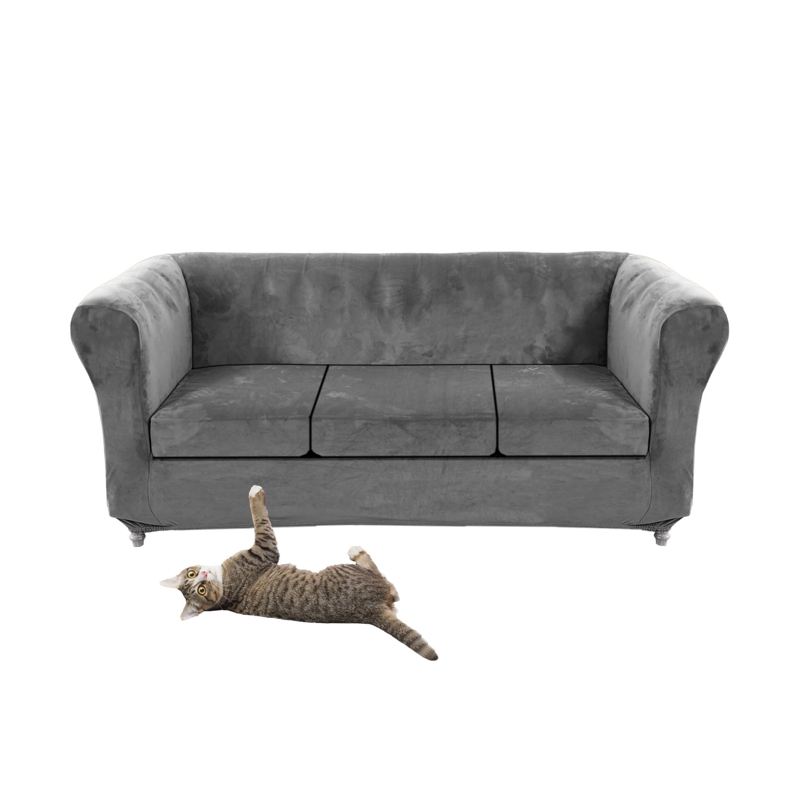 Stretch Velvet Chesterfield Sofa Cover Couch Cover with Seat Cushion Covers for Curved Chaise Armchairs Vintage Style (Grey Sofa + 3 Large Seats)