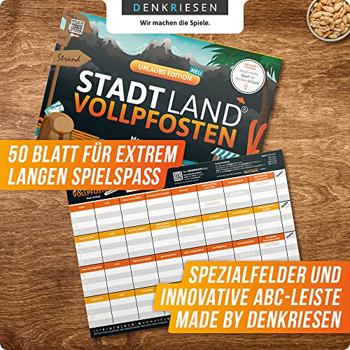 DENKRIESEN - Stadt Land VOLLPFOSTEN® - Urlaubs Edition | DIN A4 Spielblock | Ab 9 Jahren | Familienspiel | Stadt Land Fluss | Ferien & Reisen Thema | 26 Kategorien | Perfekt für Reisefans und Familien