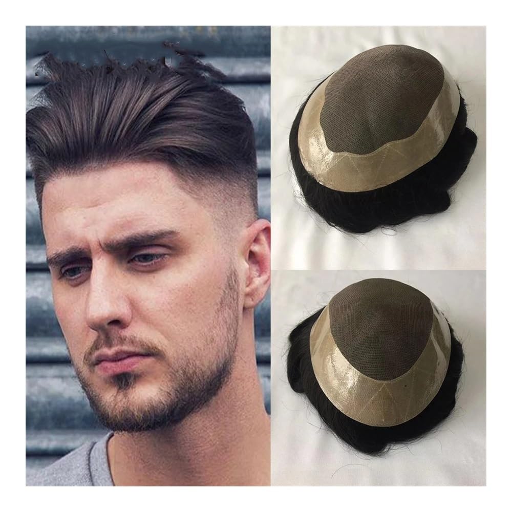 Parrucche da Uomo, Parrucche Realistiche da Uomo, Toupet di Veri Capelli Umani per Uomo, Protesi Capillari per Capelli, Sistema di Capelli per Parrucca da Uomo, Parrucca（off Black-7X10）