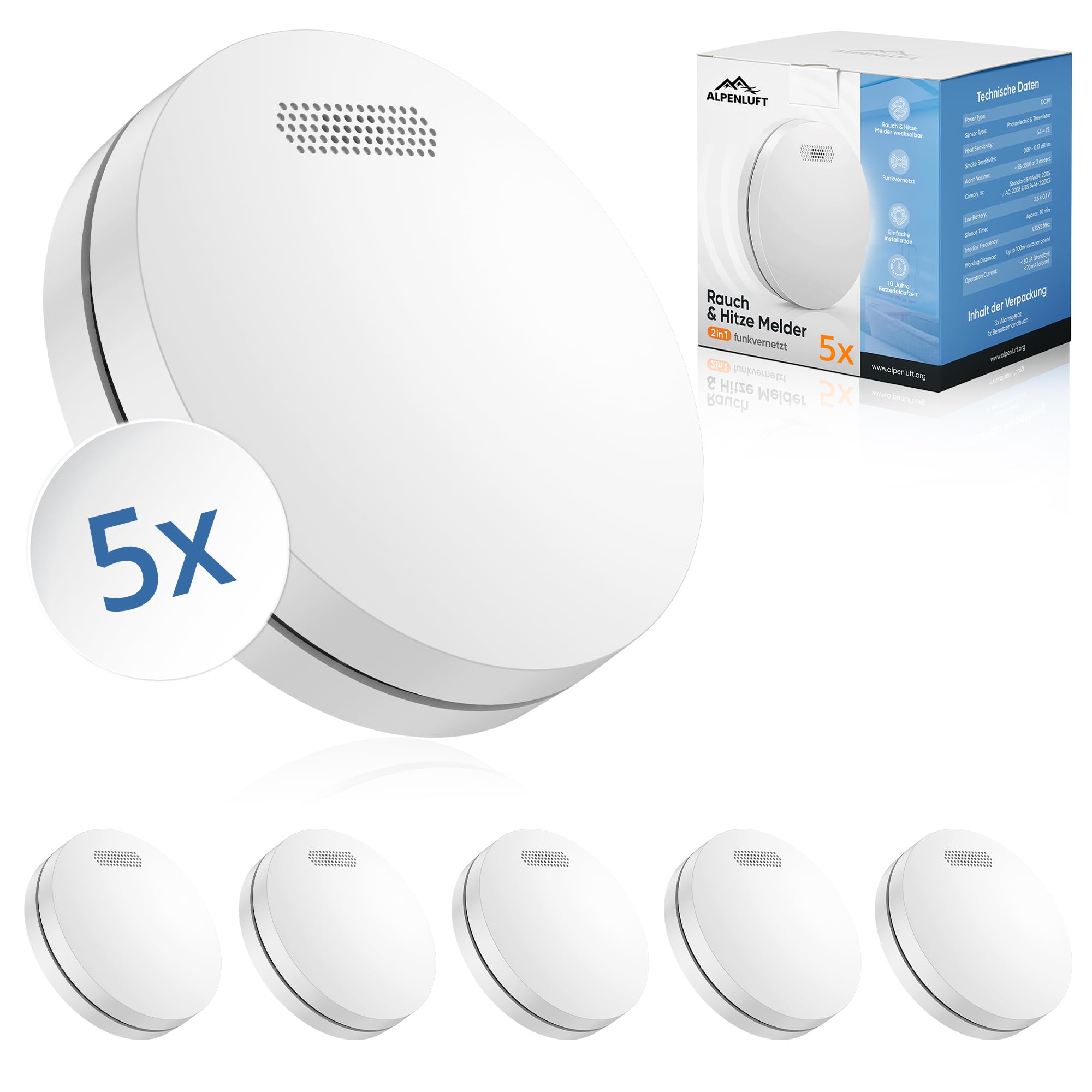 ALPENLUFT Détecteur de fumée & de Chaleur 2en1, 10 Ans de Batterie, Alarme Incendie fumee, detecteur, detecteur Incendie, sans perçage, securite Incendie, Pas de LED detecteur de fumée (Set de 5)