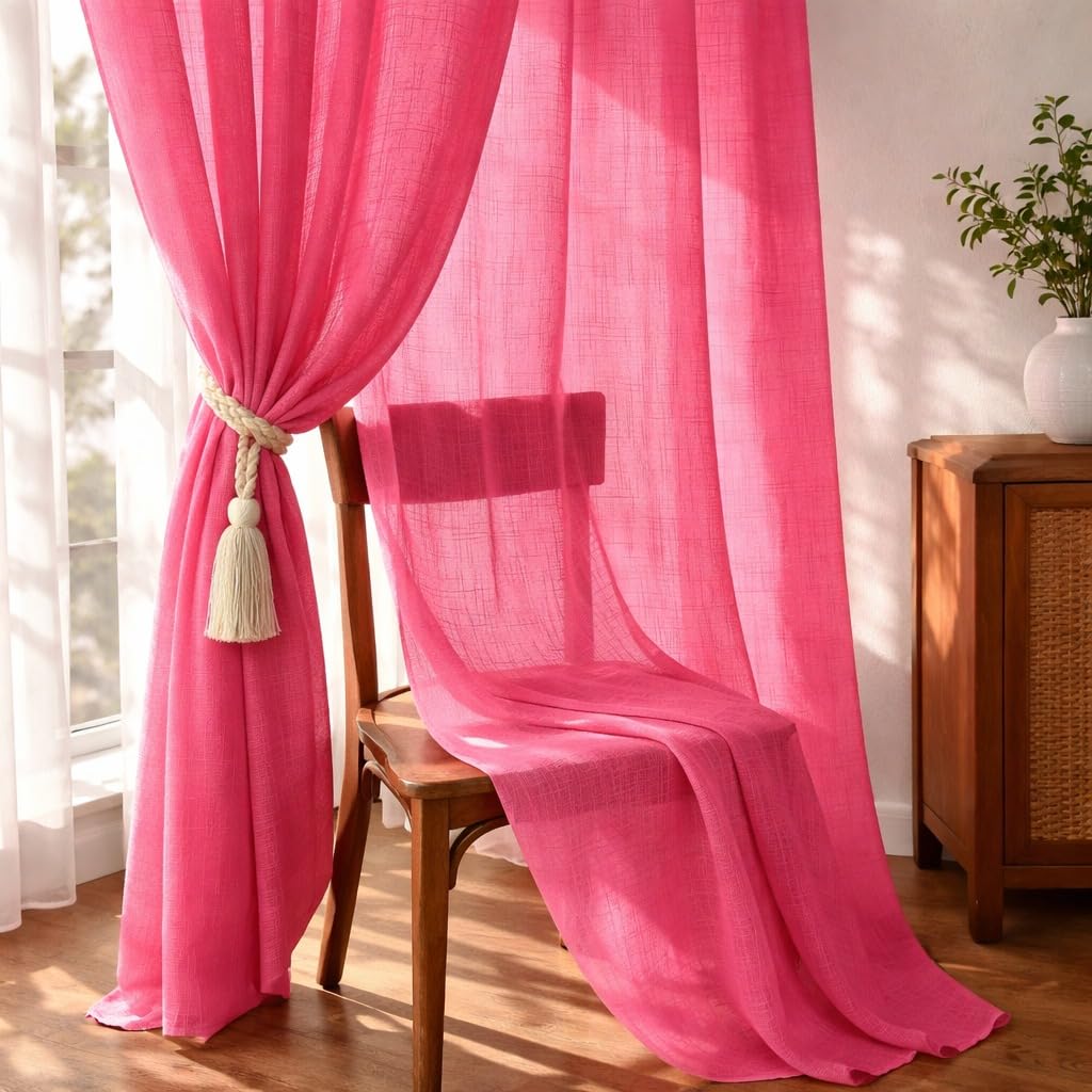 THE LINEN COMPANY Cotton Linen Sheer Door Curtains, Transparent Net Curtains with Rod Pocket, Light Filtering Privacy Drapes for Door & Balcony, Dark Pink, 7 Feet, Pack of 1 discount deal