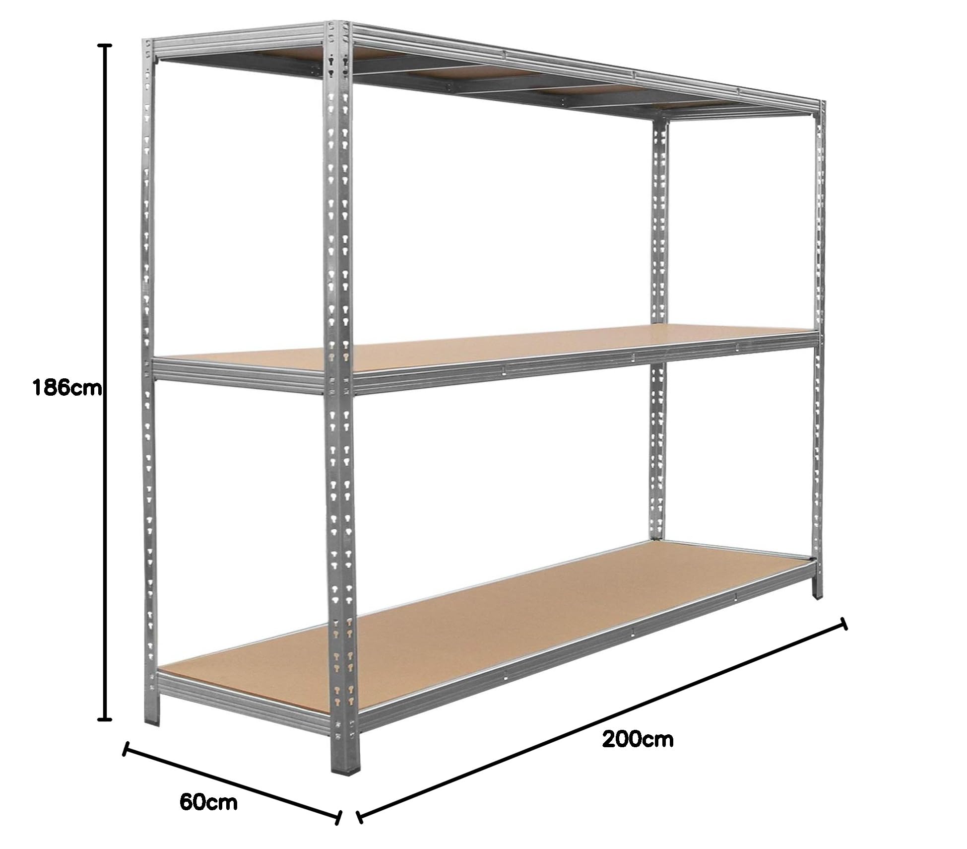 Estantería de Garaje Acero Galvanizado Resistente Almacenamiento 186cm x 200cm x 60cm 3 Niveles (400kg por estante) 1200kg de Capacidad Estantería para el Cobertizo Taller Oficina sin Tornillos