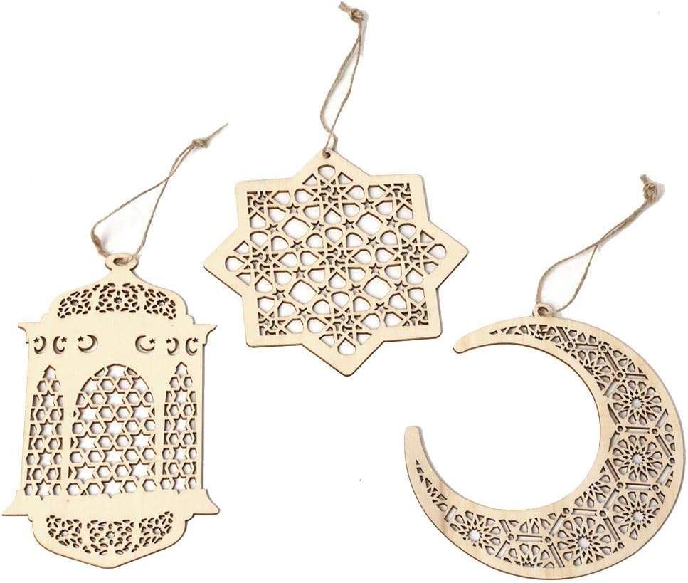Juman634 Pendant Decoration - Islam Eid Ramadan Mubarak Hollow Ornament Wooden Golden Hanging Lantern Baubles