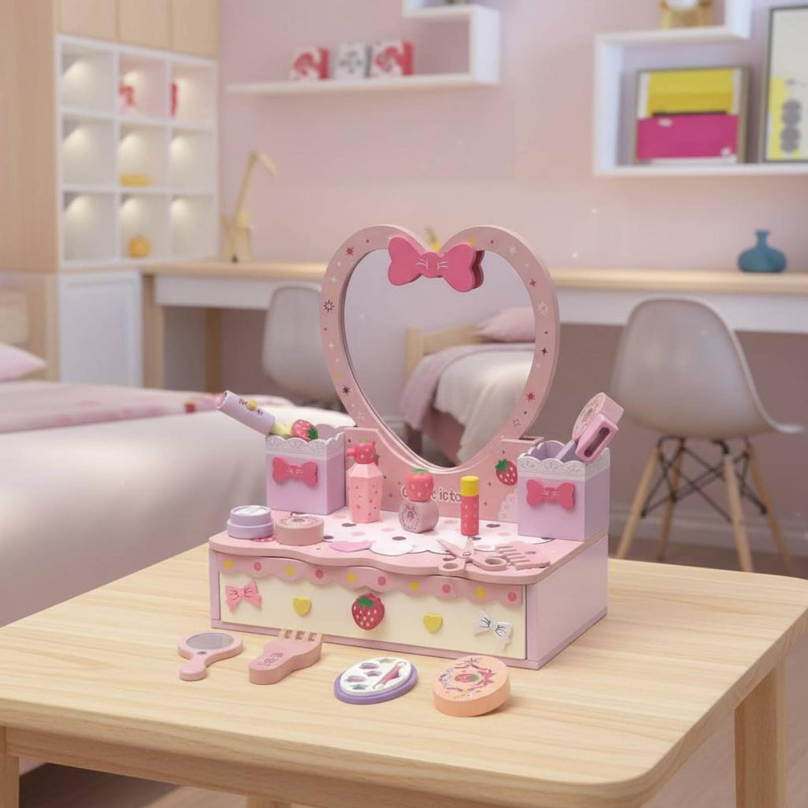 Tavolo Trucco Bambini Toeletta Gioco Specchio Realistico Legno Lavorato Accessori Trucco Finto Gioco di Ruolo Autostima Creativa Adatto per Cameretta Regalo Bambina, Cuore Da Tavolo