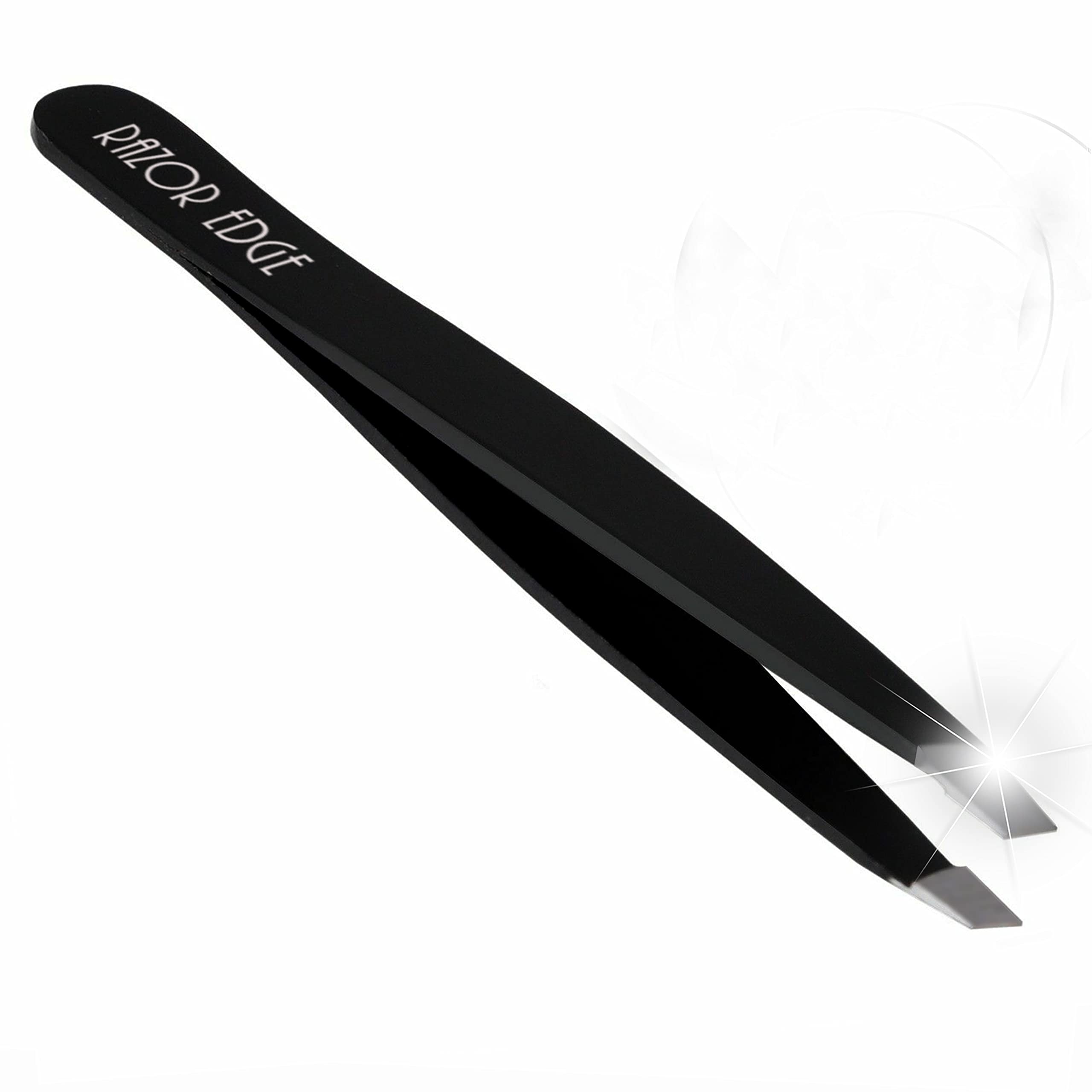 Razor Edge Men's Black Eyebrow Tweezers Ingrown Facial Hair Chin Nose Hair 9.5Cm Plucking Tweezers Light Weight (Black)