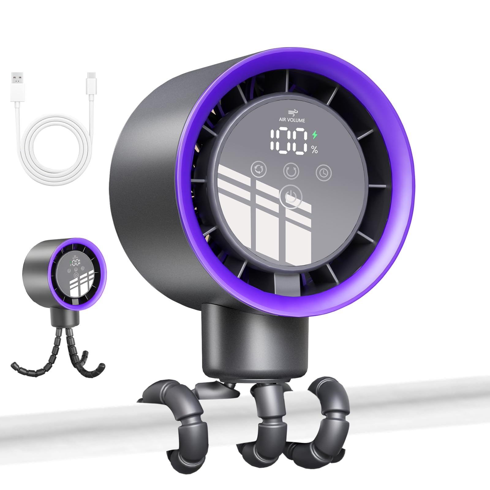 Portable Turbo Stroller Fan with Auto Oscillation &amp; Timer, Rechargeable Clip-On Baby Fan, 100-Speed Touch Screen LED Display, 10H Runtime, 360° Adjustable for Stroller Car Seat Crib Nursery Travel