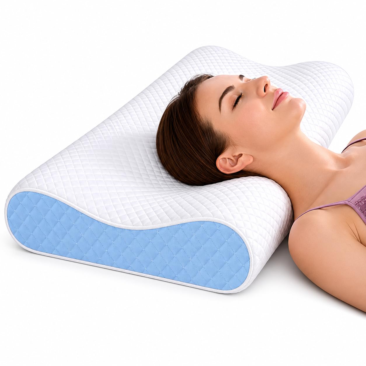 Memory Foam Cervical Pillow for Neck Pain Relief Ergonomic Contour Design for Back & Side Sleepers Breathable Washable Cover Neck Support Sleeping Pillow (Sky Blue)-image-44